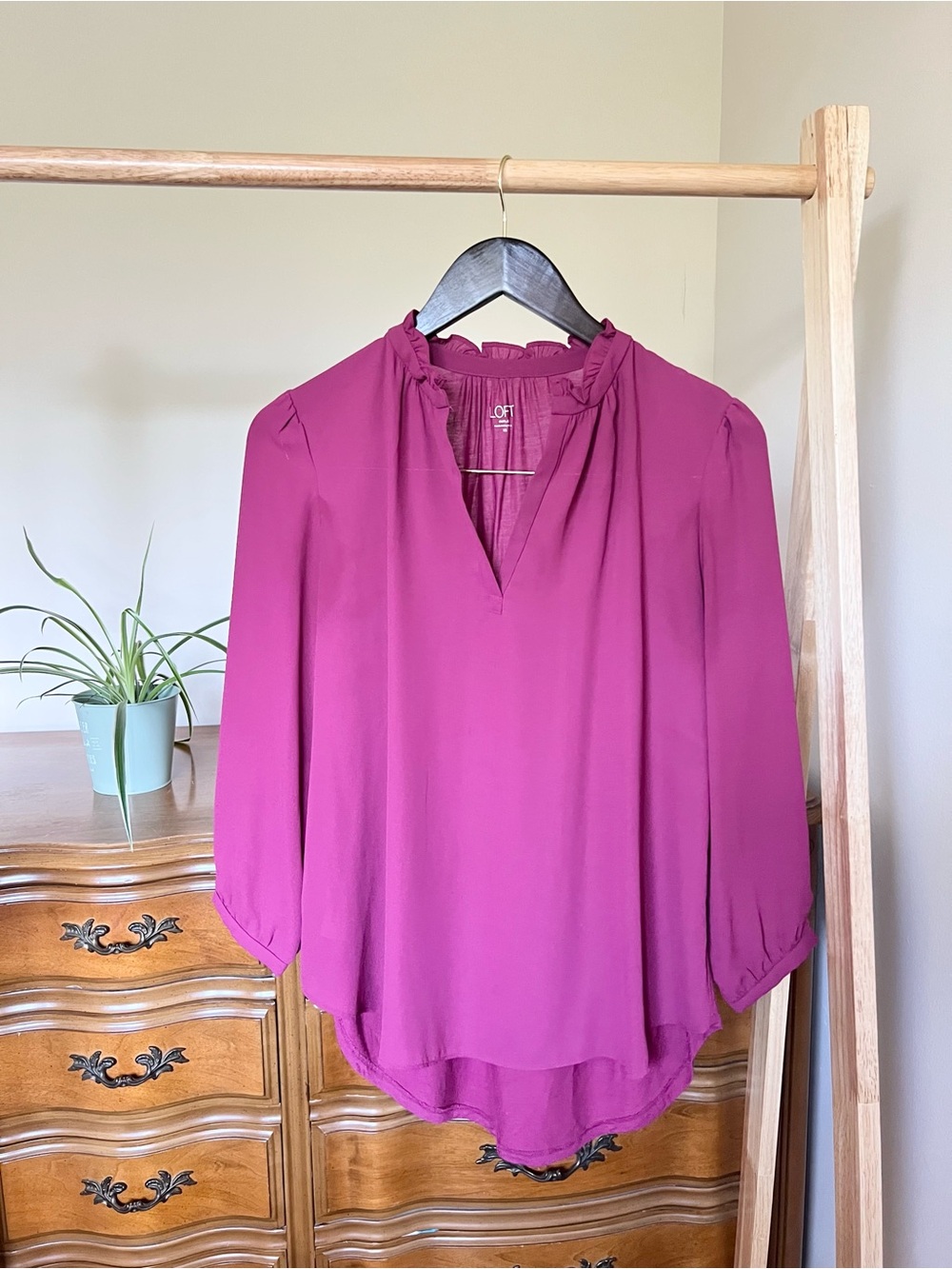 LOFT Magenta Ruffle-Trim V-Neck Blouse